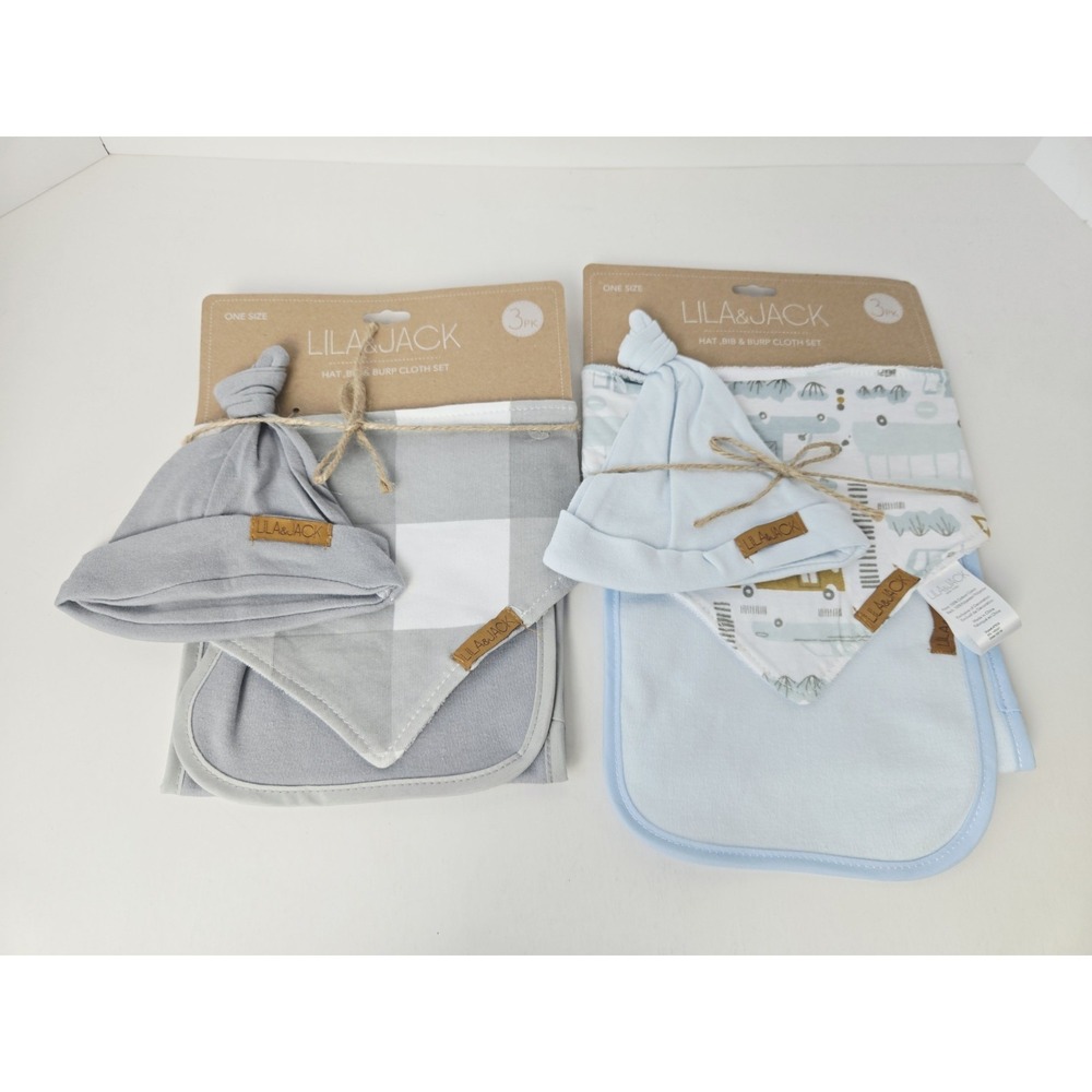 Lila & Jack Set 3 pack x 2 Hat/Bib/ Burp Cloth set NEW grey check blue
